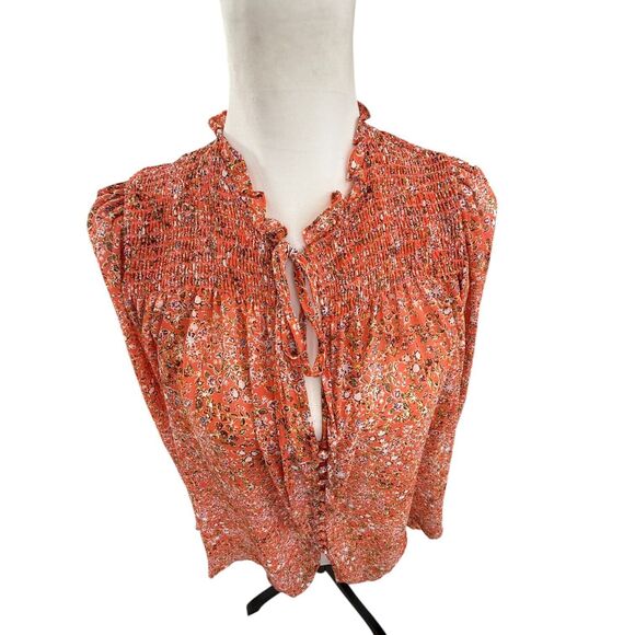 Free‎ People Romantic Feminine Ditsy Coral Ruffled Puff Sleeve Boho Blouse - Picture 4 of 13